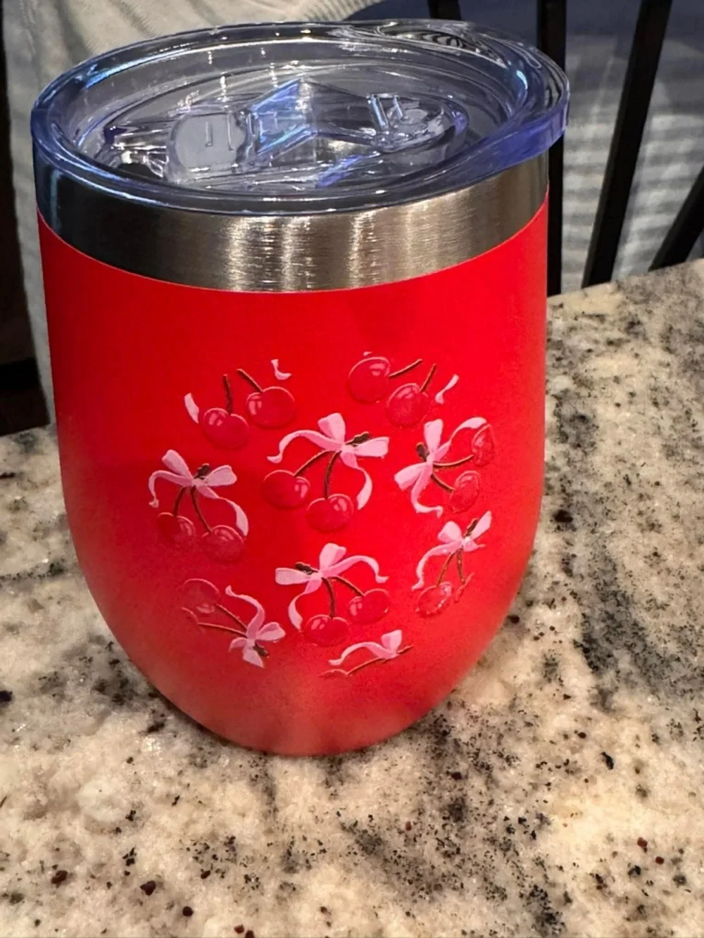 Red Stainless Steel Insulated Tumbler with Cherry Design - 4 1/2”x 3” New in box
